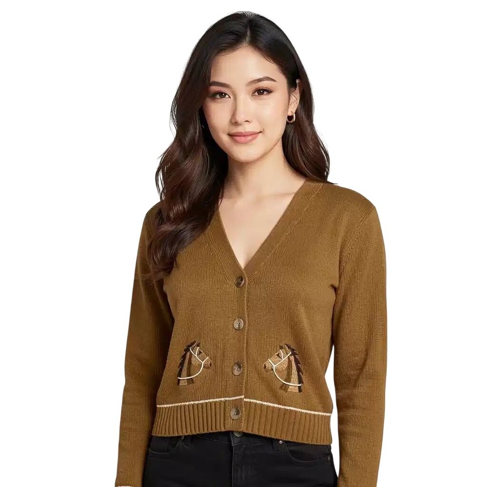 Sweet Republic Brown Horse Embroidered VNeck Button Front Cardigan Sweater S NWT